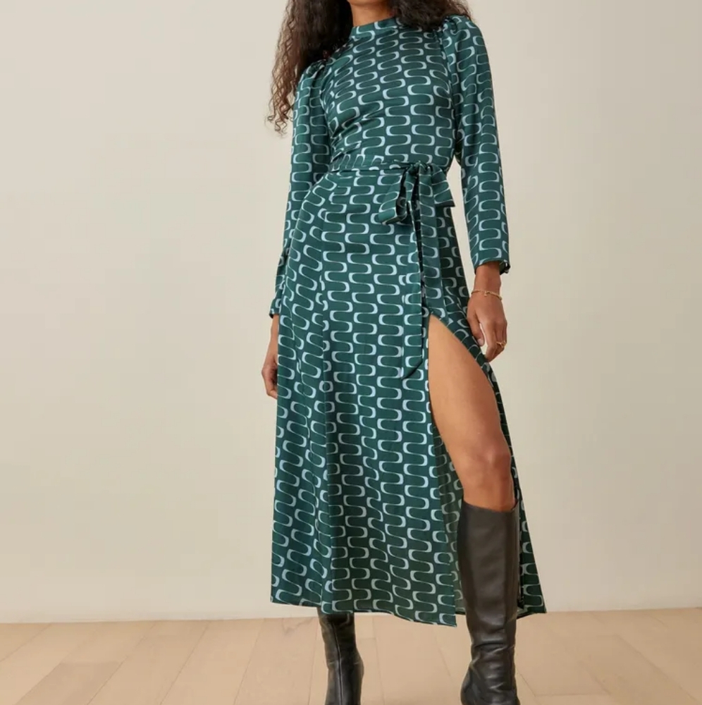 Emerald Print Silk Dress with Belt